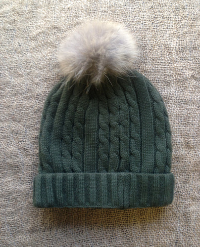 Knitted Hat with Fox Fur Pom Pom