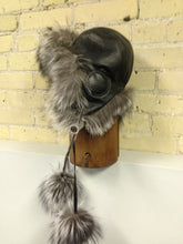 Silver Fox and Black Leather Aviator Hat