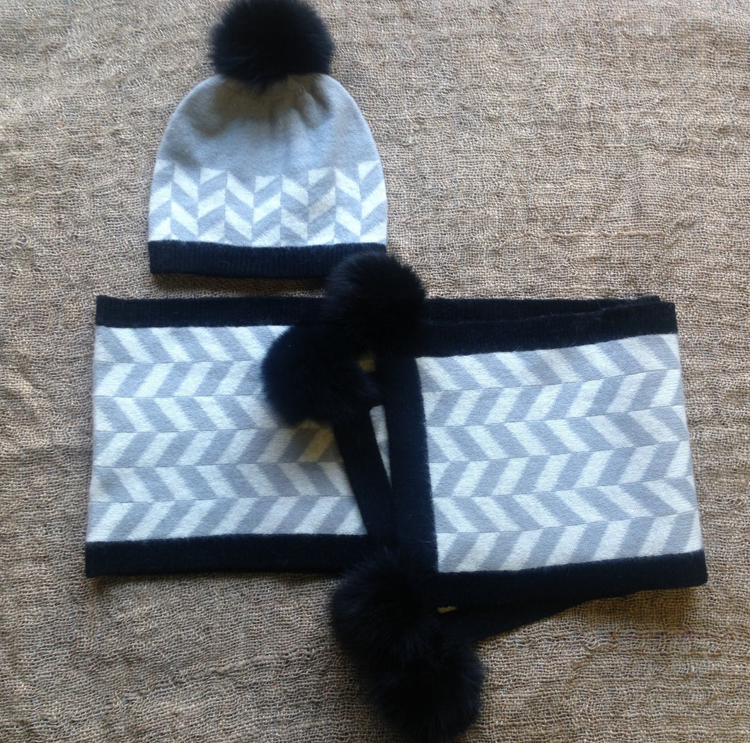 Hat and Scarf Set with Fox Fur Pom Poms